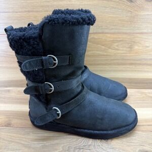 UGG Becket Buckle Boots Womens 9 Black Suede Shearling Lined Mid Calf